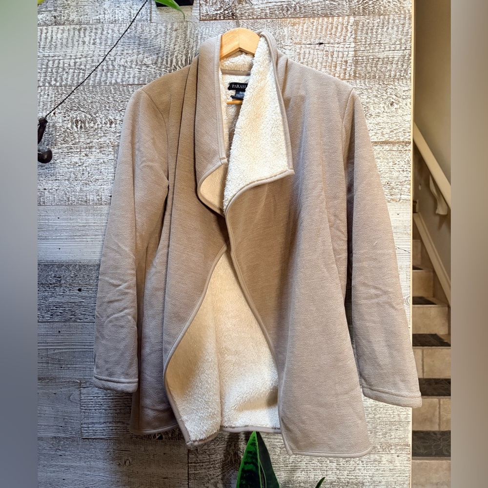 🏷 Parasuco | Open Plush Waterfall Teddy Jacket - M, Tan/Cream